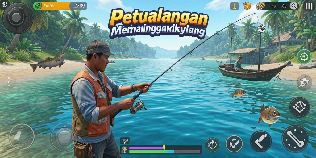 Screenshot gameplay yang menampilkan aksi memancing yang seru.