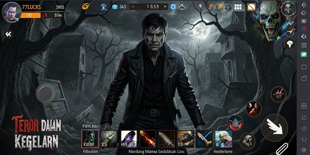 Tangkapan layar dari gameplay menakutkan di 77LUCKS.