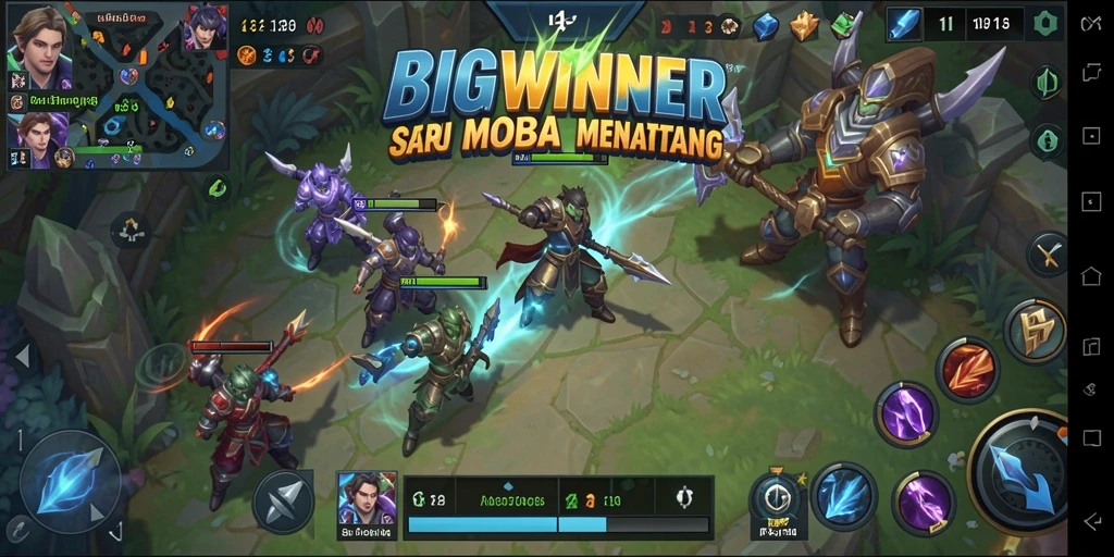 Tangkapan layar gameplay BIGWINNER menampilkan aksi seru di arena MOBA.
