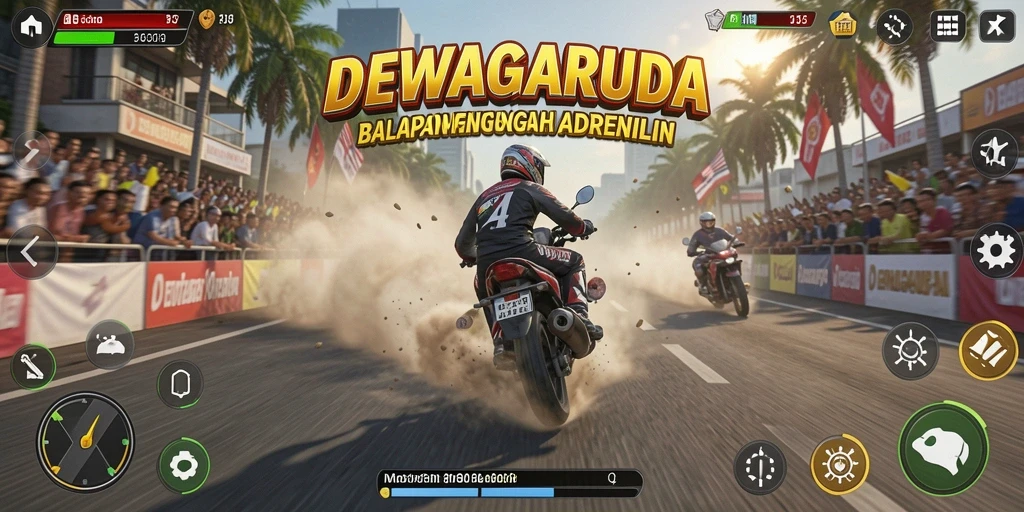 Gameplay mendebarkan di DEWAGARUDA dengan aksi balapan motor.