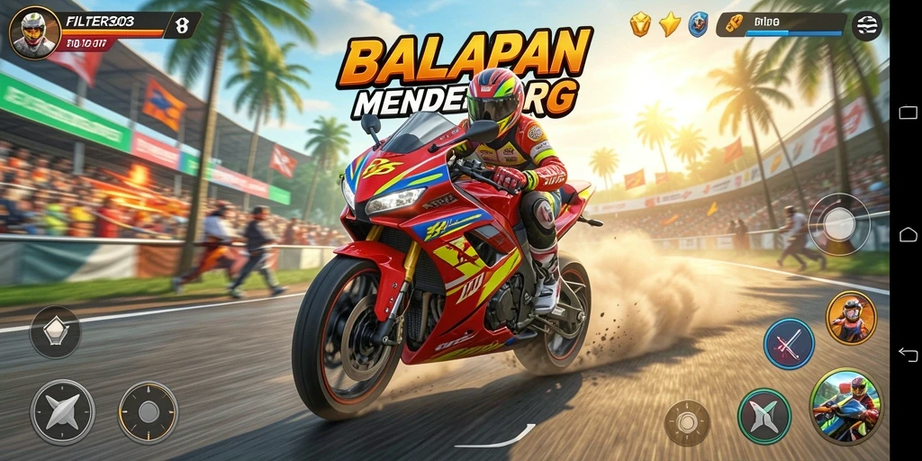 Tangkapan layar gameplay FILTER303 menampilkan balapan motor yang penuh aksi.