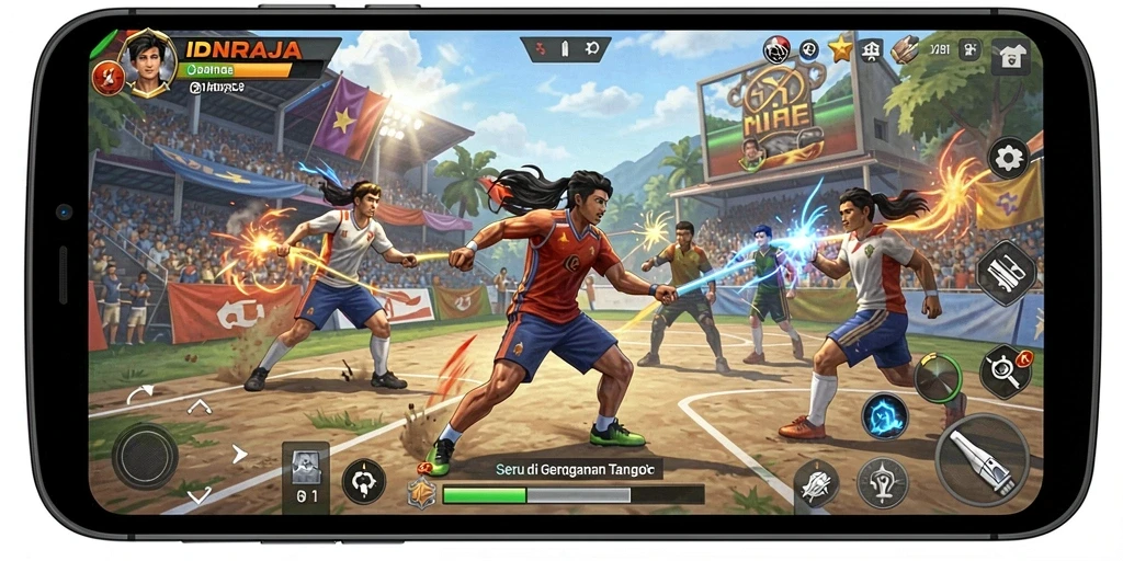 Tampilan gameplay menegangkan dalam IDNRAJA dengan aksi olahraga seru.