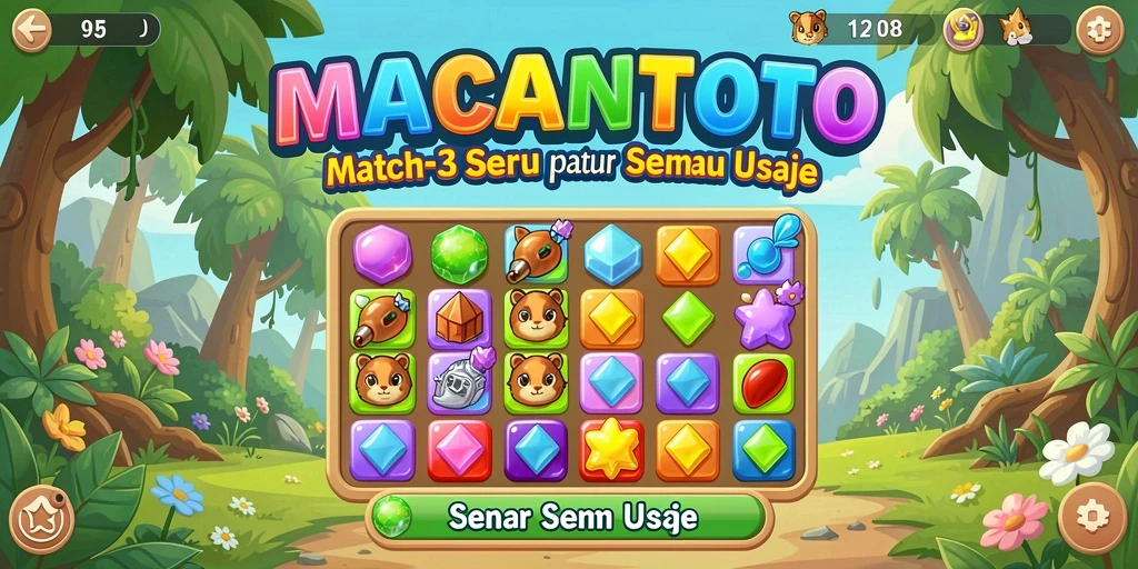 Tampilan permainan Match-3 yang menarik dan penuh warna.