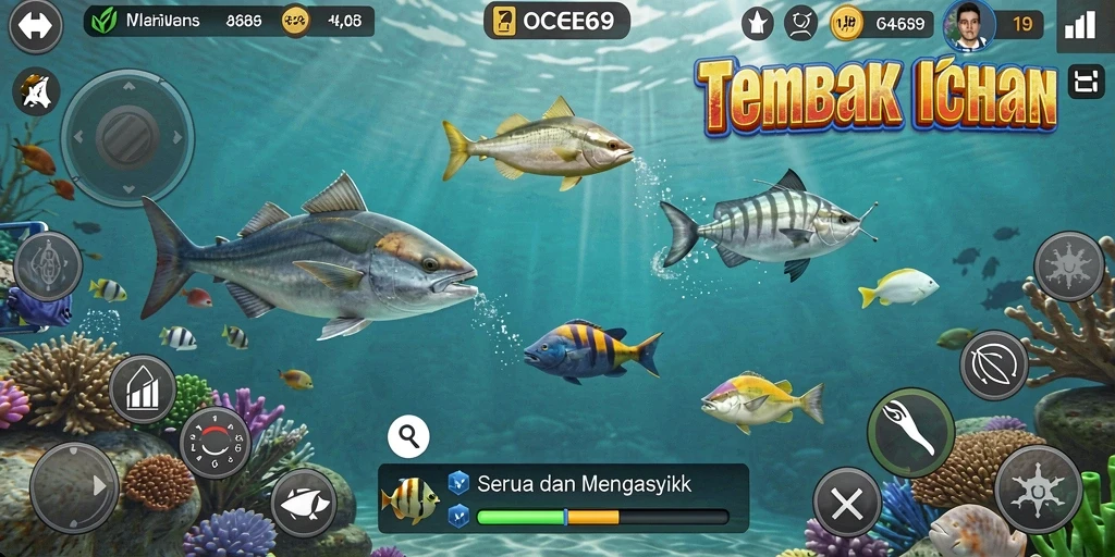 Tampilan gameplay seru dalam OCE69 dengan penuh warna ikan.