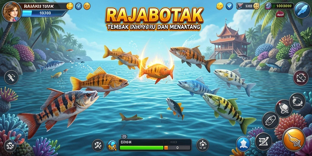 Screenshot gameplay RAJABOTAK dengan aksi menembak ikan.