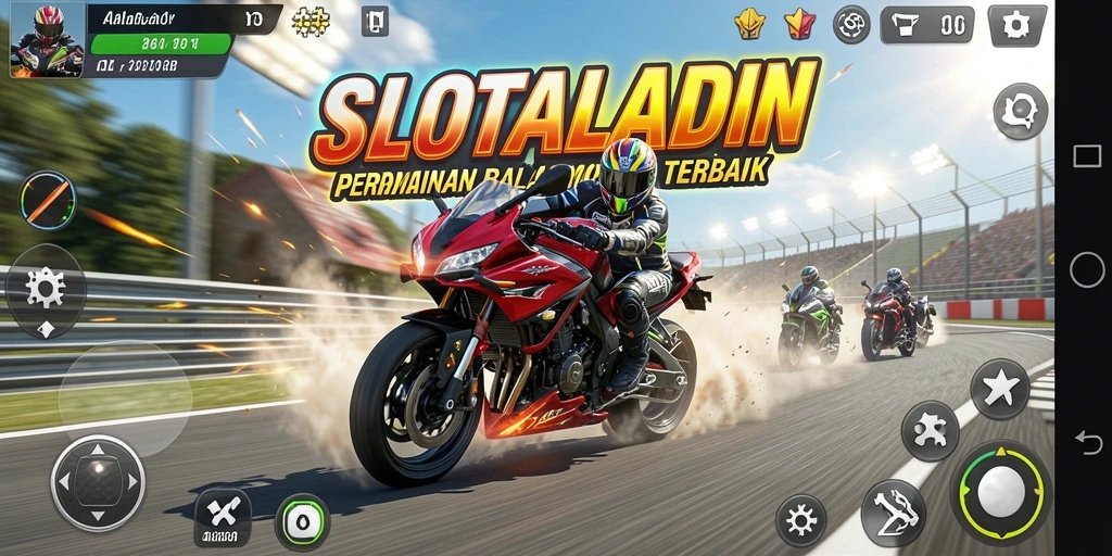 Screenshot utama SLOTALADIN menampilkan aksi balap motor yang mendebarkan