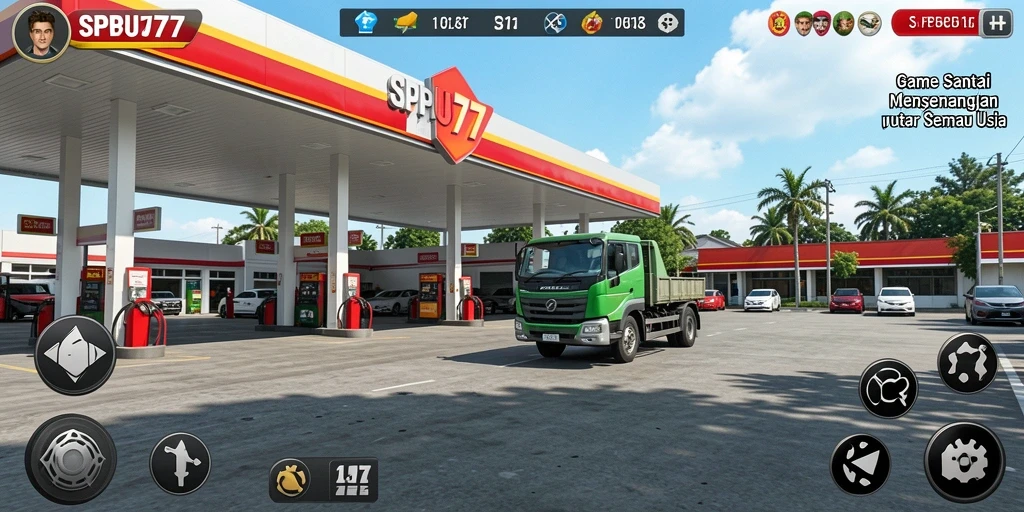 Tampilan gameplay SPBU77 menunjukkan kesibukan stasiun pengisian bahan bakar.
