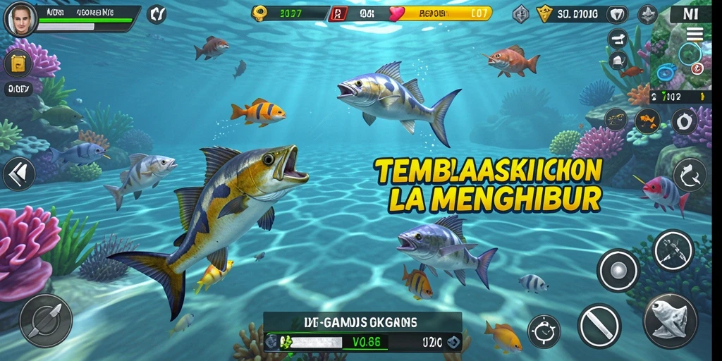 Screenshot dari gameplay V07 yang menunjukkan aksi menembak ikan.